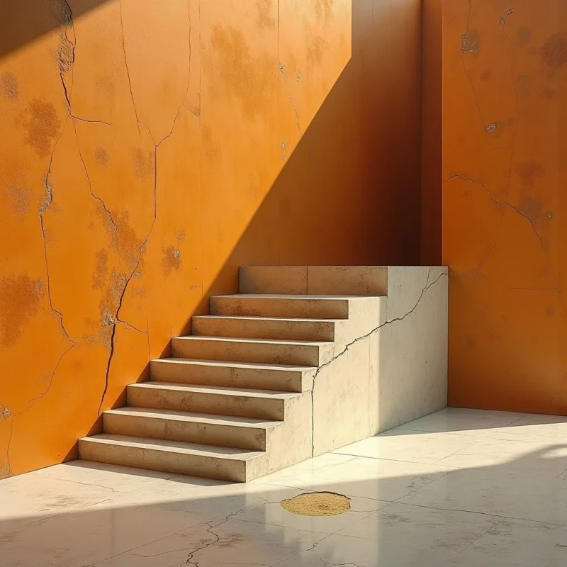 The image features a primarily orange and beige color palette, with variations in shade creating depth. Rough, cracked textures are visible on the walls while smoother surfaces define the steps and floor—a stark contrast between aged wall and polished stone. A strong diagonal light source casts a defined shadow across the scene, emphasizing the geometric shapes of the staircase and its relationship to the surrounding architectural space.