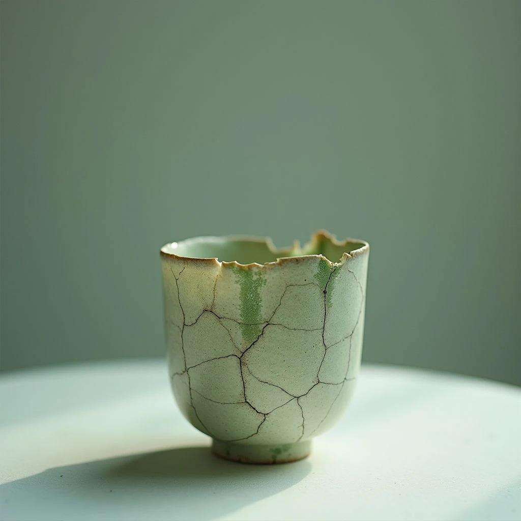 The image features a ceramic cup with a pale green and beige color palette, overlaid with a network of dark crackle lines across its surface. The cup has an organic, slightly irregular shape—wide at the top and narrowing towards a small footed base—and exhibits a rough texture contrasted by smoother glazed areas. Soft light casts shadows on both the cup and the rounded surface it rests upon, suggesting proximity and creating a sense of depth within a muted background.