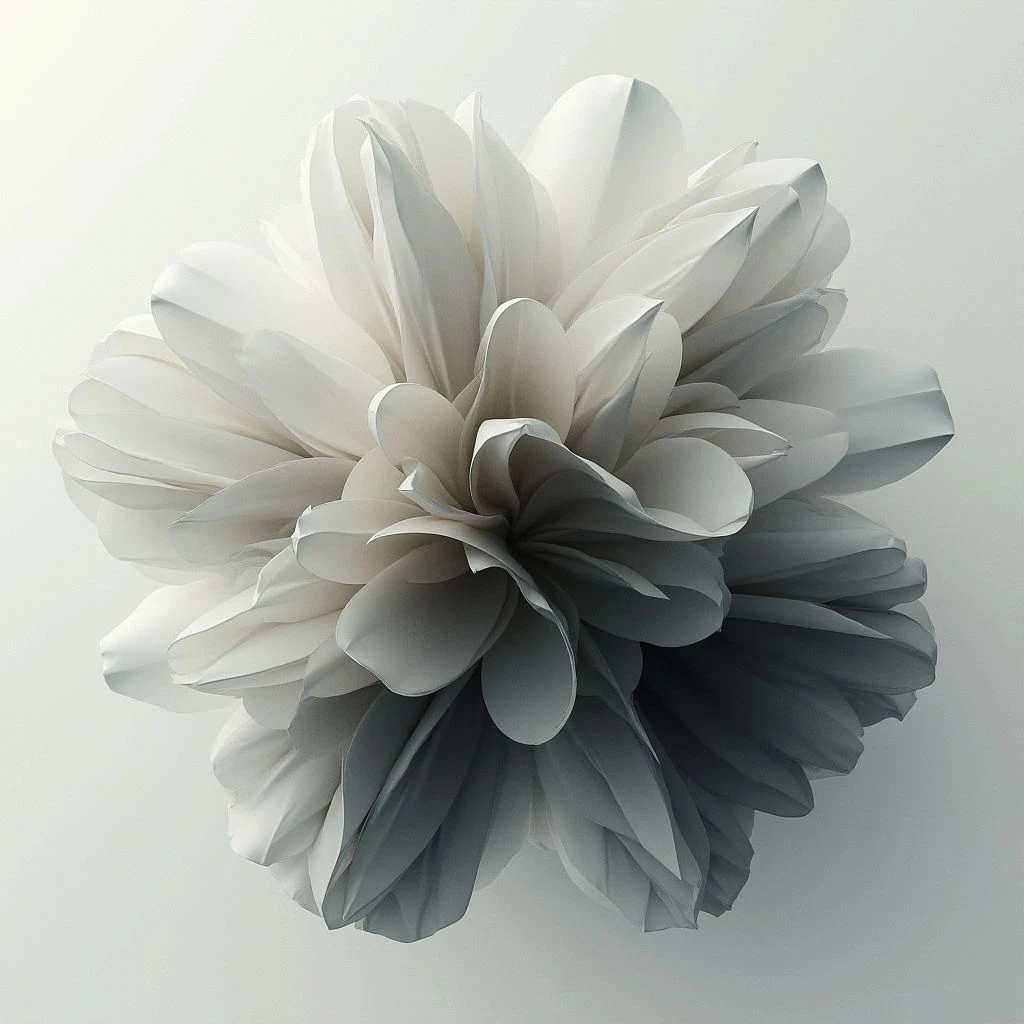 A large, intricately folded flower dominates the frame, appearing to be made of paper or a similar delicate material. The petals transition from bright white at the center to shades of gray towards the outer edges, creating a gradient effect. It’s set against a neutral, softly lit background that emphasizes its form and texture.