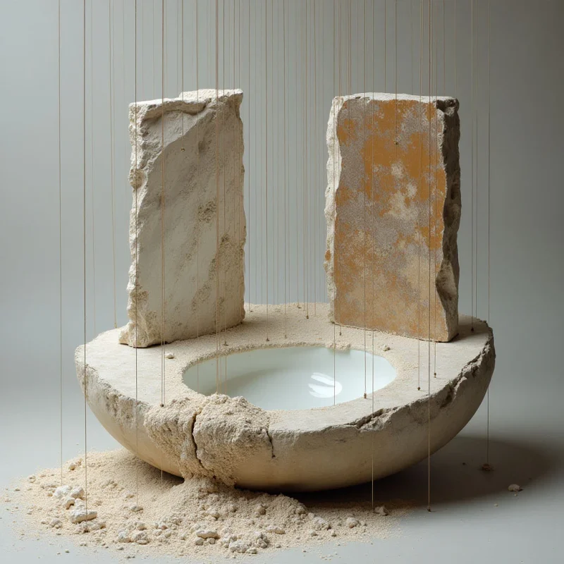 A large, shallow stone basin sits on a surface, containing a pool of smooth white liquid and surrounded by coarse, sandy debris. Two vertical rectangular slabs with rough, weathered textures stand behind the basin, one pale beige and the other ochre-toned. Thin, parallel vertical lines descend from above through the composition, cutting through the neutral gray space and intersecting the various stone elements.
