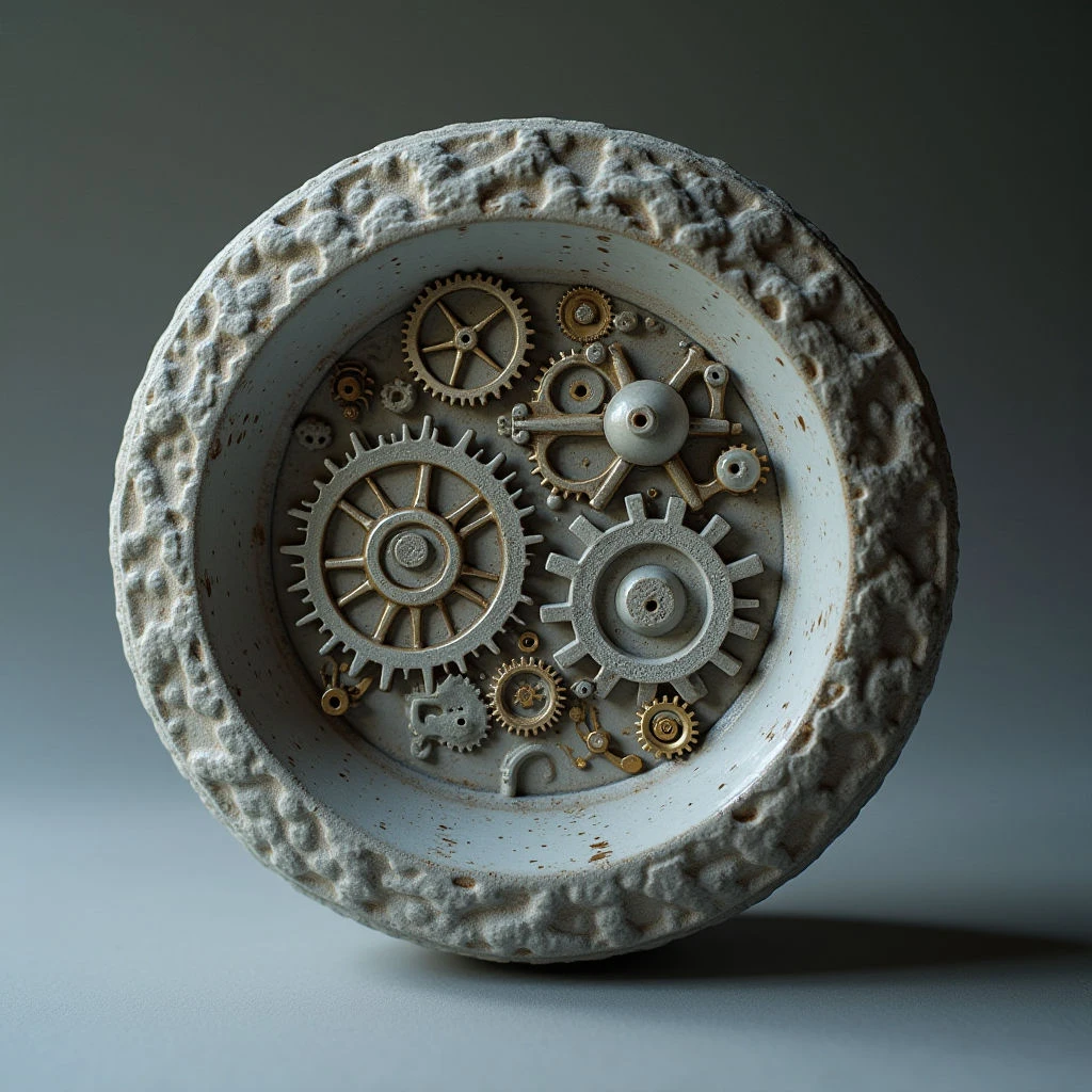 The image depicts a roughly circular form with a textured, off-white exterior surrounding an interior filled with interlocking gold and silver gears. Light appears to be focused on the central gear mechanism, creating shadows within its complex arrangement while highlighting the rough surface of the outer shell. The gears vary in size and are densely packed towards the center, receding slightly into the depth of the circular space.