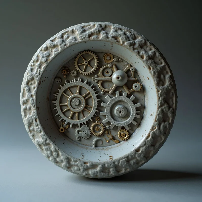 The image depicts a roughly circular form with a textured, off-white exterior surrounding an interior filled with interlocking gold and silver gears. Light appears to be focused on the central gear mechanism, creating shadows within its complex arrangement while highlighting the rough surface of the outer shell. The gears vary in size and are densely packed towards the center, receding slightly into the depth of the circular space.