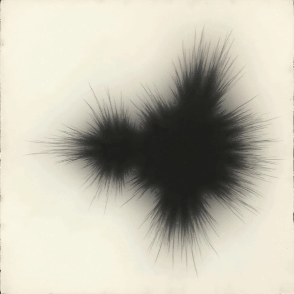 A dark, roughly heart-shaped form dominates the center of a pale background. Spiky lines radiate outwards from the shape's edges, softening into a hazy blur as they extend. The overall impression is one of intense energy contained within an indistinct outline.