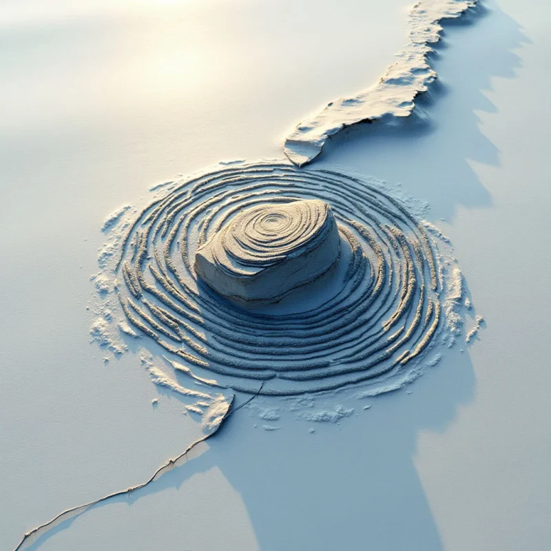 The image is dominated by cool tones of pale blue and white, suggesting a frosted or snowy environment. Concentric, layered rings surround a central, stepped pyramidal form, creating a strong circular shape that contrasts with the jagged line extending from one side. Soft light casts subtle shadows defining the textures of the rings and highlighting the uneven surface of the larger landscape, while spatial depth is implied by diminishing ring size and the distant horizon.