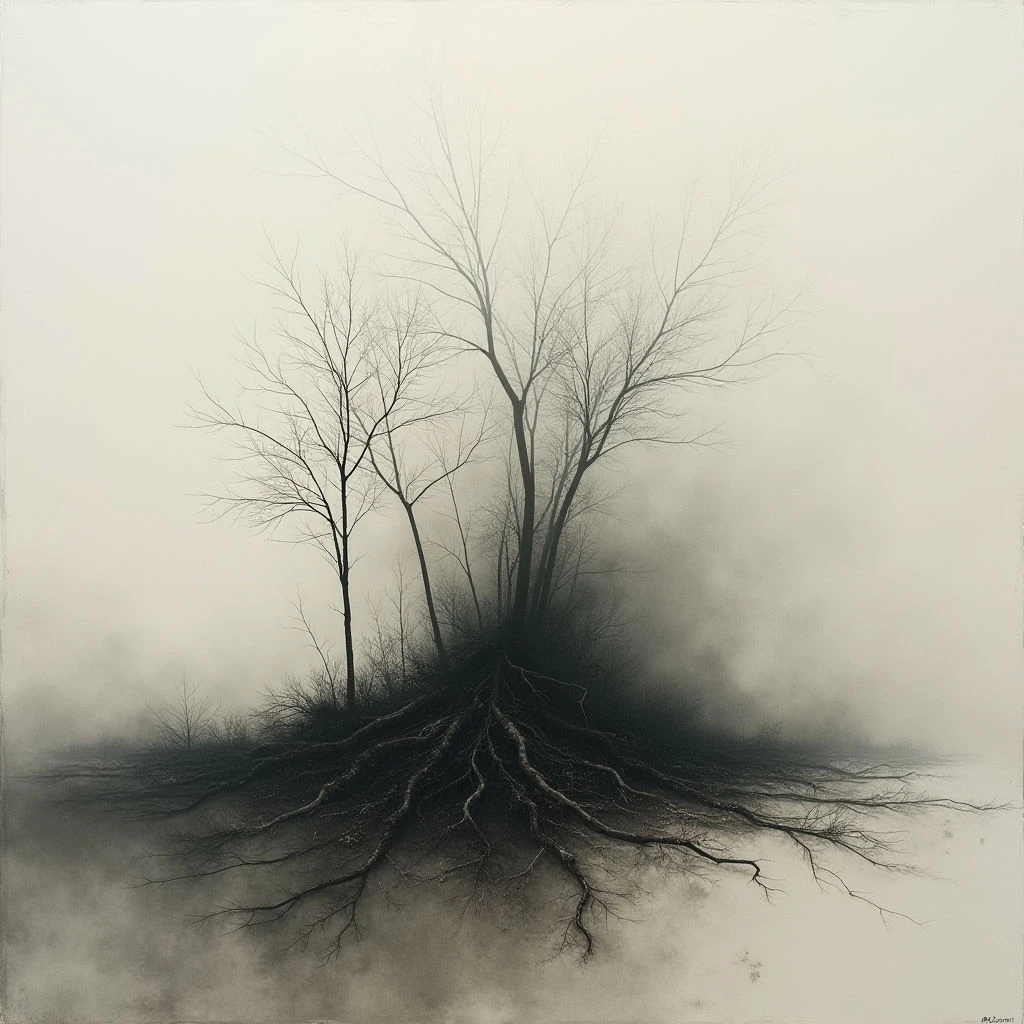 Three bare trees rise from a dark, rounded mound of earth, their exposed roots sprawling outwards like grasping fingers. A thick fog obscures the surrounding landscape, leaving the trees isolated and stark against the pale background. The overall impression is one of quiet desolation and haunting stillness.