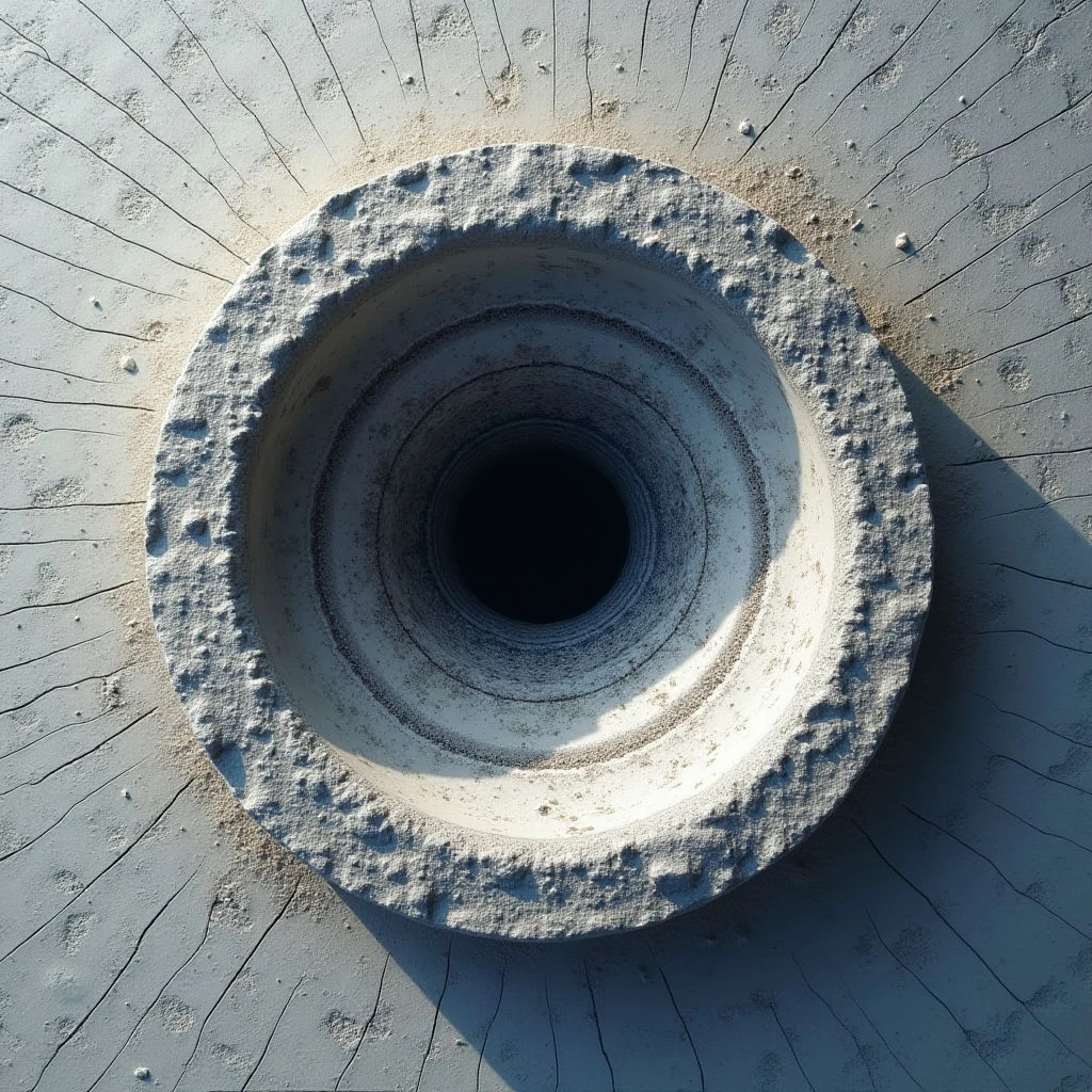 The image features a central circular opening surrounded by concentric rings of textured material, all in shades of gray and off-white. Radial lines extend outward from the center across a flat surface with a similar granular texture as the rings, creating a sunburst effect. Light casts shadows within the rings and along the edges of the opening, suggesting depth and a slightly elevated form.