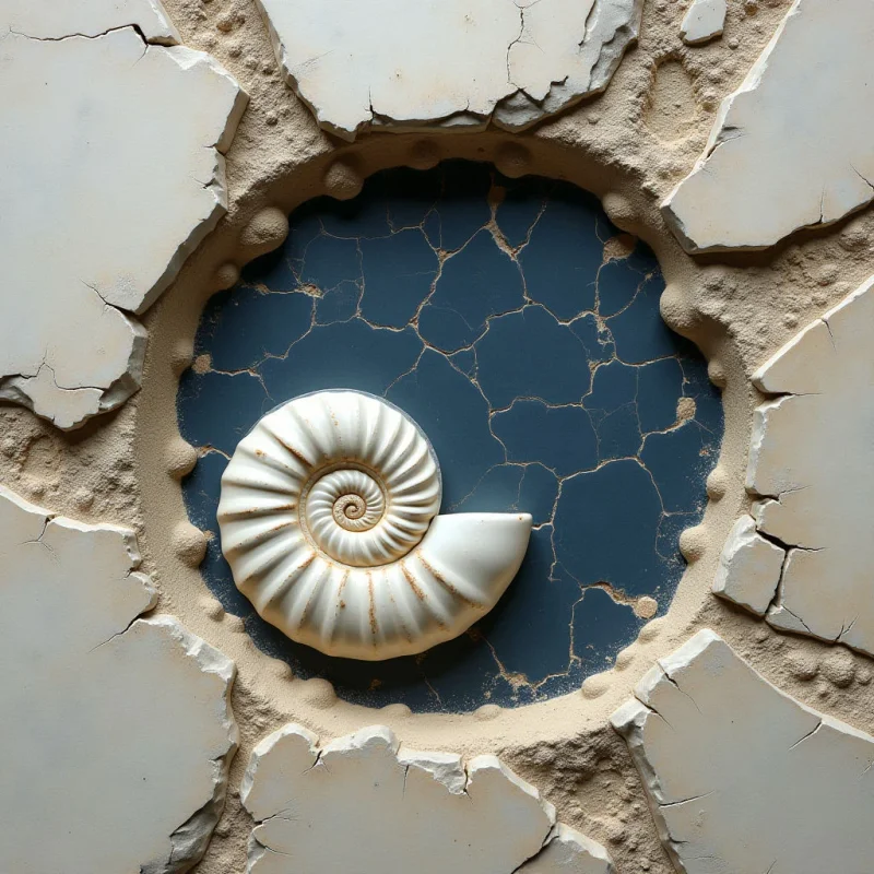 A white, spiraled ammonite shell rests within a circular blue void framed by irregular, sandy-textured beige fragments. The composition features sharp cracks and jagged edges that radiate from the central opening across a matte, light-colored surface. Light is distributed evenly, highlighting the ridged texture of the shell and the granular quality of the surrounding broken pieces.