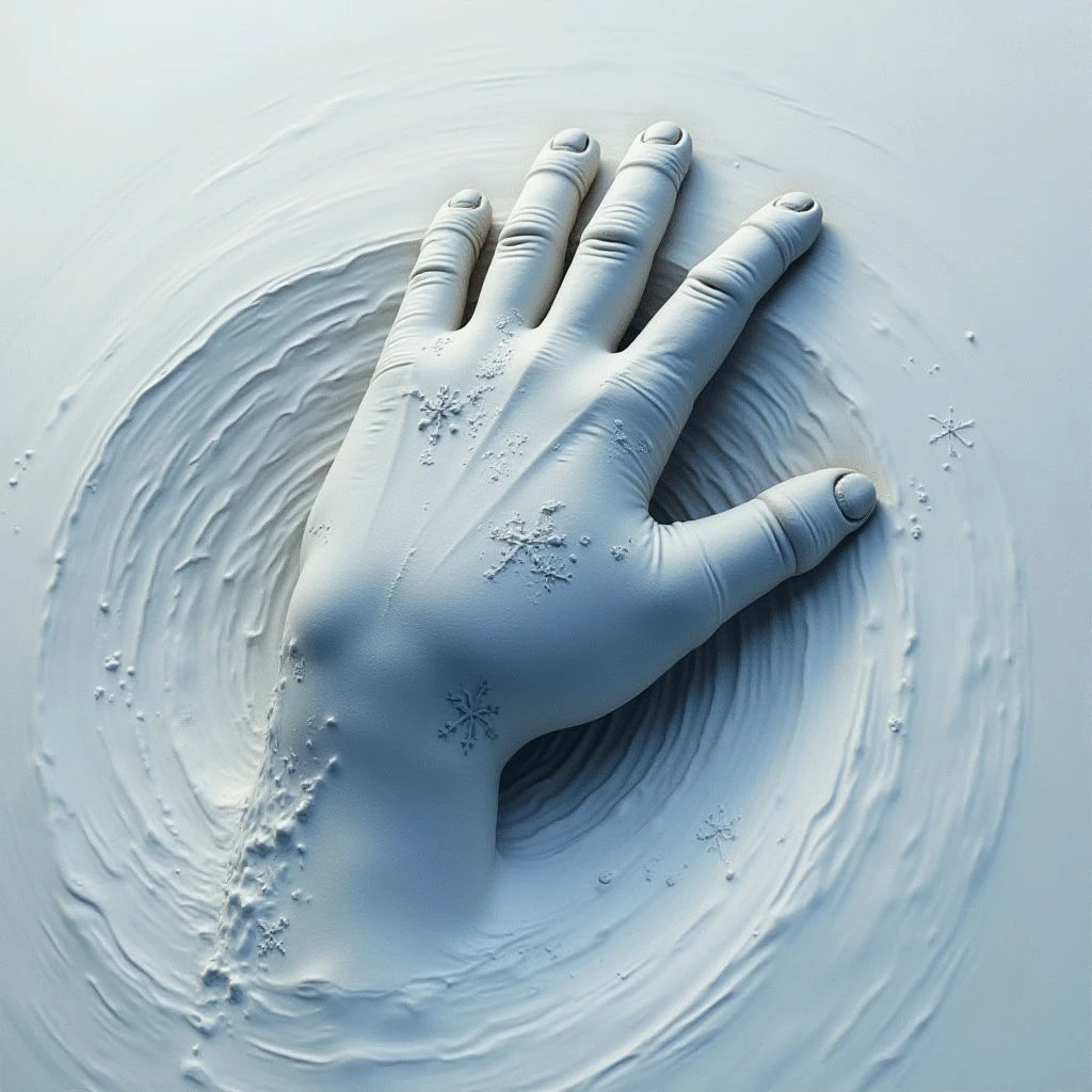 The image is dominated by cool tones of pale blue and white, suggesting a cold or liquid environment. A hand is partially submerged in a textured substance with rippling concentric circles emanating from the point of entry, and small snowflake-like shapes are scattered across its surface. Light appears soft and diffused, creating subtle shadows that define the form of the hand and the undulating waves around it while maintaining a generally flat spatial depth.