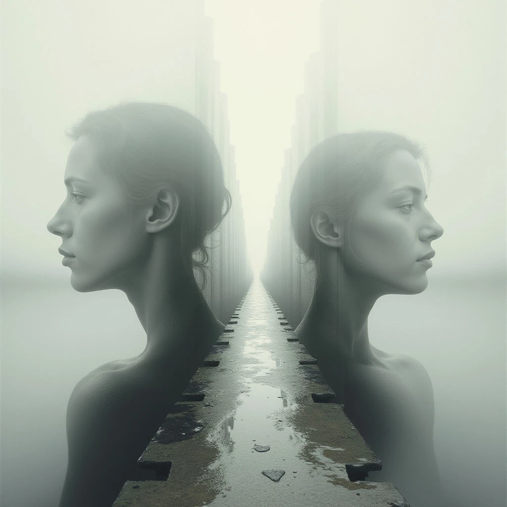 Two identical women face opposite directions, their forms emerging from a dense fog that obscures everything beyond a narrow, wet pathway between them. The path stretches into the distance lined with blurry building silhouettes, creating a sense of isolation and mirroring. Both figures appear lost in thought, their expressions serene yet melancholic.
