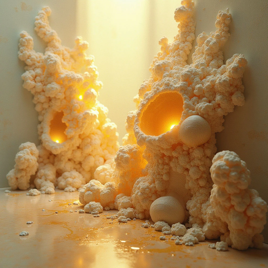 The image features clusters of pale cream, bulbous forms rising from a flat surface and extending up a wall. These structures have a highly textured, porous appearance with rounded cavities illuminated by warm golden light sources within them. The overall spatial arrangement suggests a close-up view of organic shapes in a softly lit environment, casting subtle shadows on the surrounding surfaces.