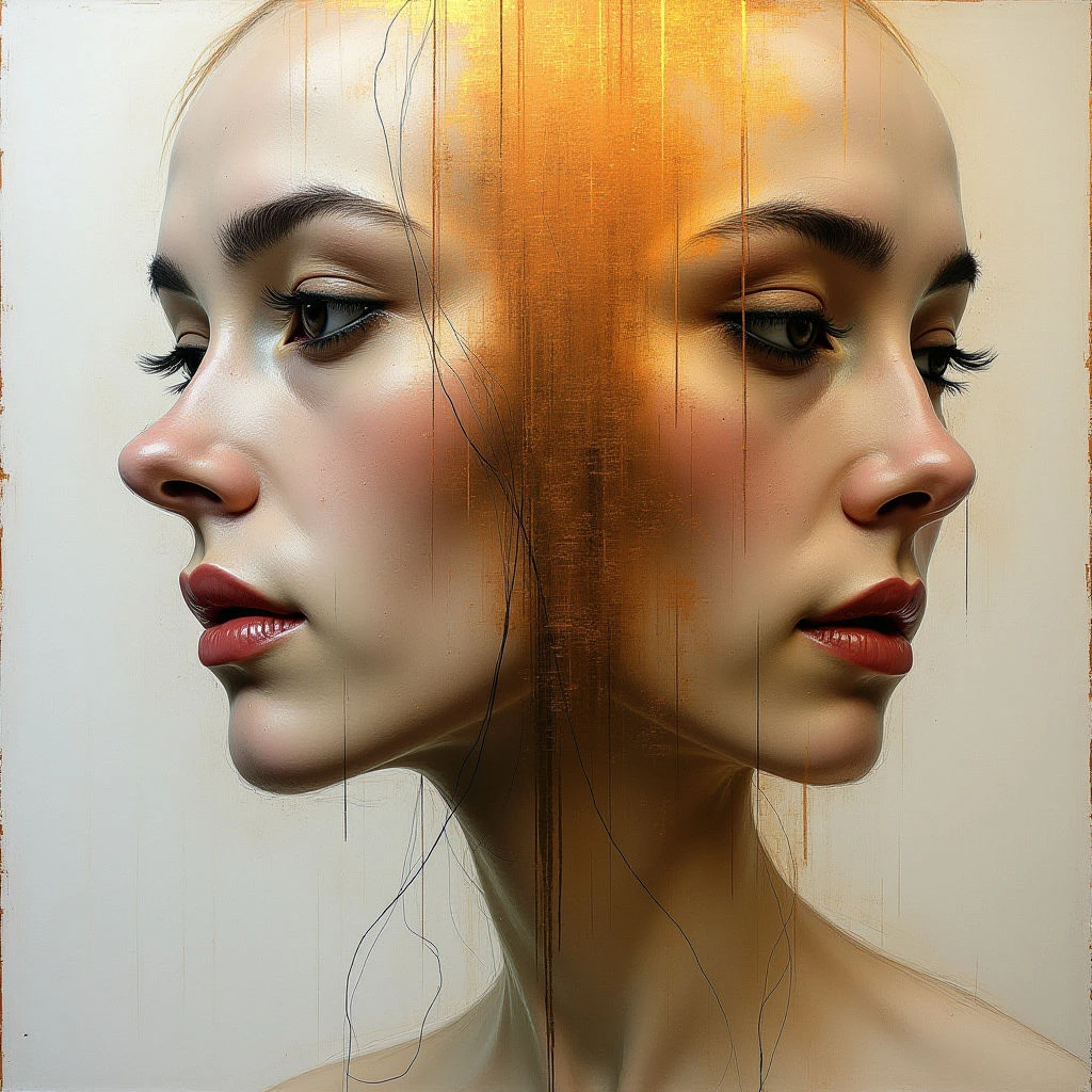 The image features two nearly identical female faces positioned side-by-side in profile, meeting at a central vertical line. A wash of gold drips down this dividing line, contrasting with the pale skin tones and rosy blush of the faces; thin blue lines also extend downwards from the hairline on both sides. The light source appears soft and diffused, creating subtle shadows that emphasize the rounded forms and smooth textures of the skin while minimizing strong contrast in the neutral background.