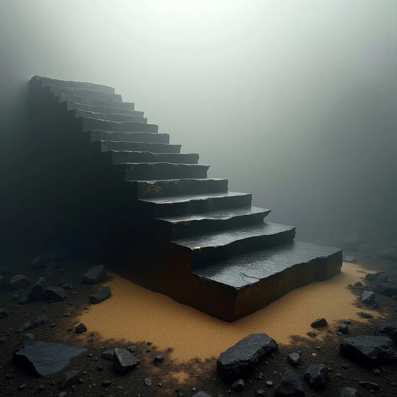 A set of dark, rugged stone stairs ascends diagonally through a thick, pale grey fog toward a bright, diffused light source. The steps feature coarse, uneven textures and sharp edges, contrasting with the fine-grained tan sand at their base. Scattered dark rocks surround the staircase on the sandy ground, creating a sense of depth within the hazy, monochromatic atmosphere.