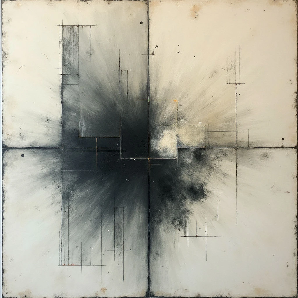 A dark, central cross shape explodes outward with radiating lines on a pale background divided into four quadrants by darker gridlines. The composition is starkly contrasted and appears textured, almost like weathered stone or aged paper. Small dots punctuate the corners of each quadrant, adding to the sense of deliberate structure within the chaotic burst.