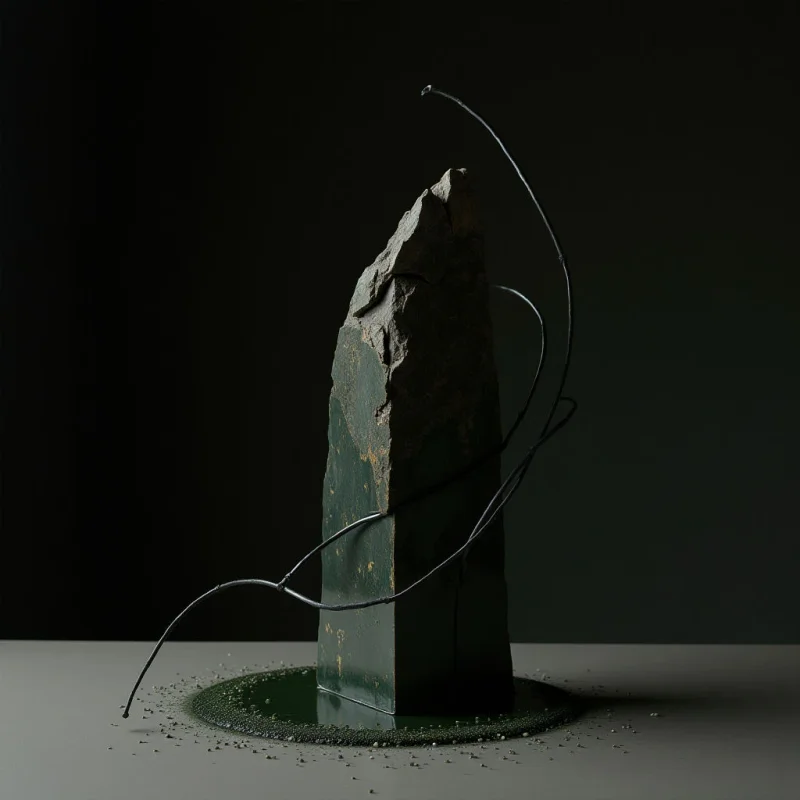 A tall, jagged monolith with a rough, earthen texture sits atop a smooth, dark green base surrounded by fine granules. Thin, black curvilinear lines arc around the central form, creating a sense of movement against the dark, void-like background. Light strikes the object from the side, highlighting the uneven surfaces and casting soft shadows across the neutral ground.