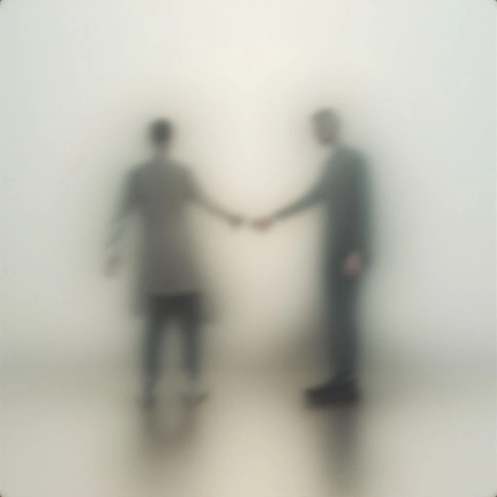 Two figures stand facing each other, holding hands in a blurry, indistinct space. They are both dressed in dark clothing and appear to be the only objects present within a completely white environment. The overall effect is soft and ethereal, obscuring details and creating a sense of distance or dreaminess.