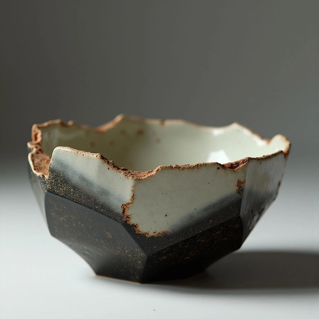 The object is a dark, faceted bowl with an uneven, textured rim transitioning to a lighter cream interior. Light sources create highlights on the facets and edges of the bowl, casting soft shadows onto the surface and the neutral gray background. The bowl sits centrally within the frame, appearing slightly elevated from a light-colored plane, suggesting depth and isolation.