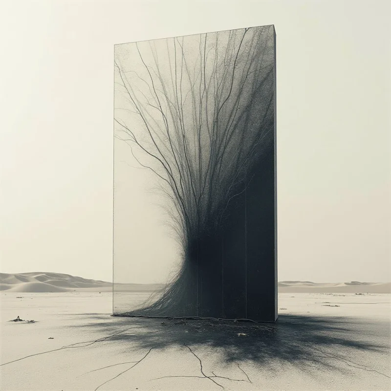 A large, vertical rectangular slab stands in a vast desert landscape, featuring a dark, branching tree pattern that spans its surface and casts a detailed shadow onto the pale sand. The composition uses a muted palette of beige, cream, and deep charcoal, contrasting the smooth texture of the monolith with the fine, granular surface of the ground. Light originates from above, creating sharp silhouettes and defining the spatial relationship between the upright structure and the expansive, rolling dunes in the background.