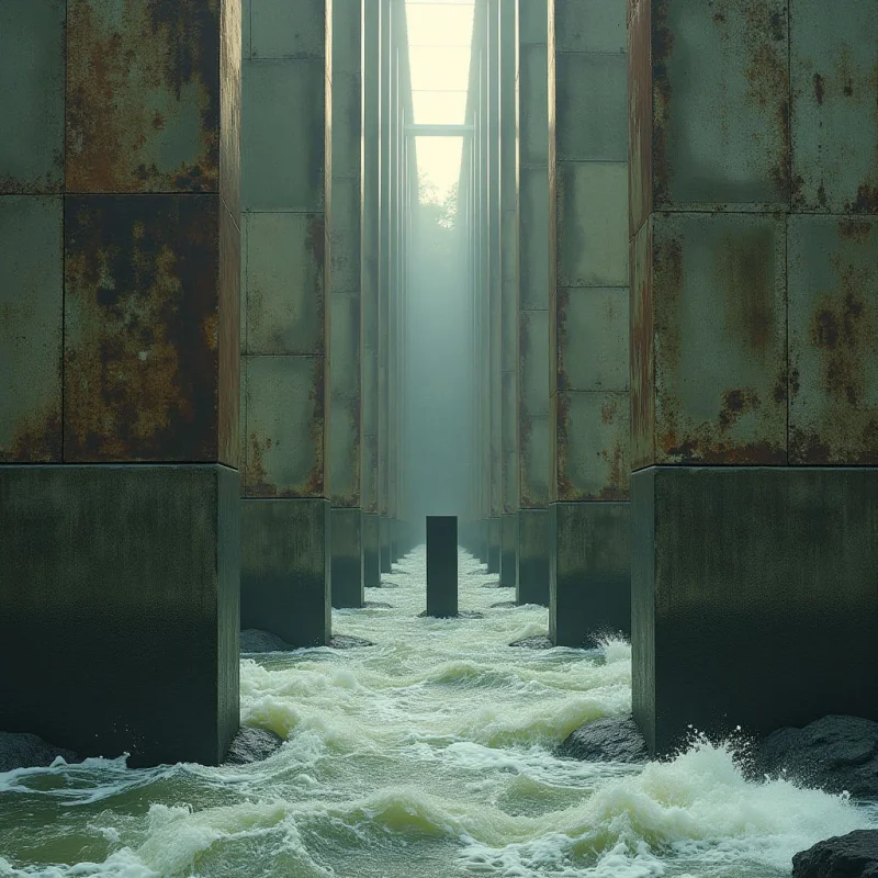 Tall, rectangular pillars with rusted metallic upper sections and smooth concrete bases frame a central corridor of bright, hazy light. A turbulent stream of white, frothy water flows between the structures toward a dark, vertical post in the mid-ground. The composition uses strong vertical lines and deep perspective to draw the eye through the narrow passage toward a misty background.