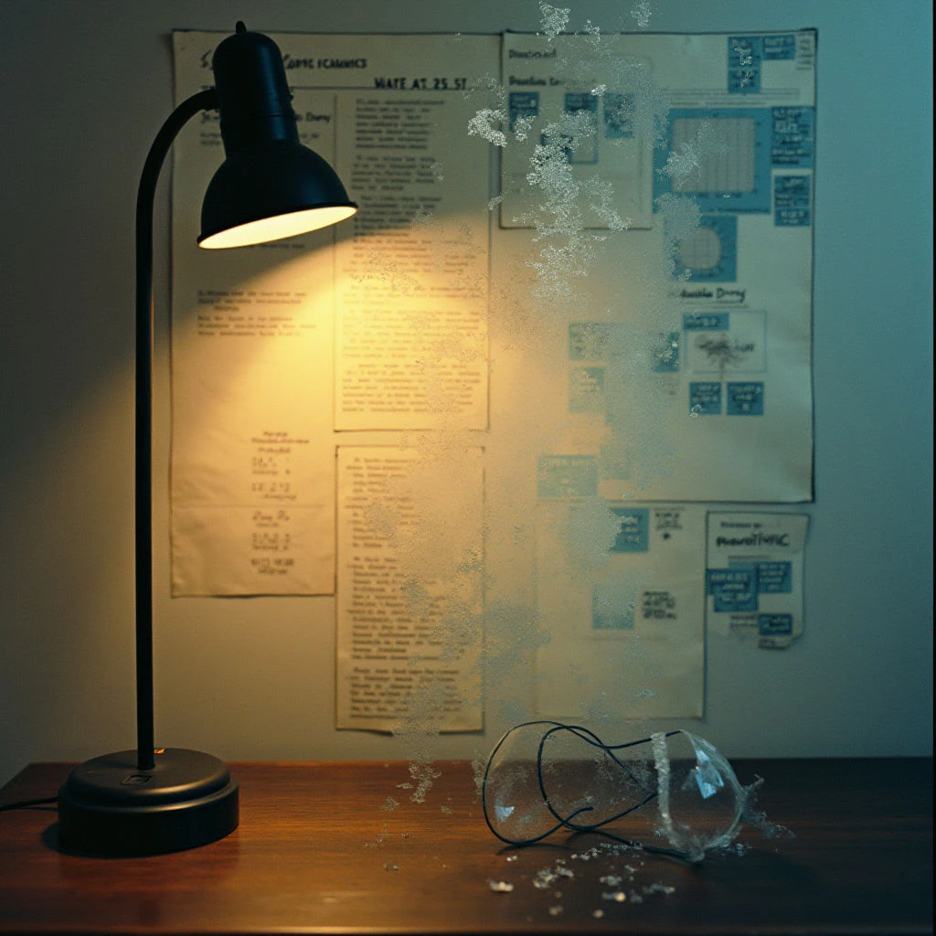 The scene is dominated by warm tones from a single lamp illuminating a pale wall covered in documents and charts. A dark wooden surface holds the lamp base and fragmented eyeglasses scattered amongst small glass shards. Shapes range from rectangular papers to curved eyewear, with light casting strong shadows and highlighting textured paper surfaces against the smoother wall backdrop; spatial relationships suggest proximity between the objects on the table and the information displayed above.