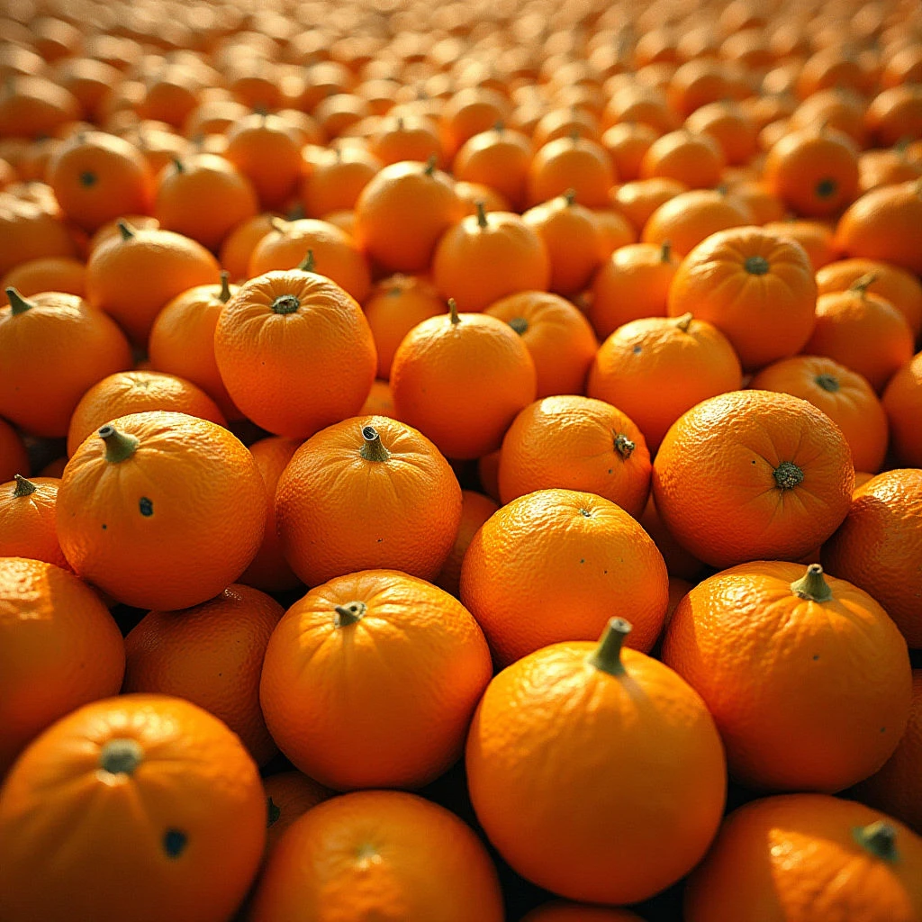 The image is dominated by a dense field of small, round orange pumpkins extending into the background. The pumpkins exhibit a slightly textured surface with subtle variations in shade and each has a short, green stem. Light appears to be coming from above and slightly to the right, creating highlights on some surfaces and casting soft shadows between the closely packed forms.