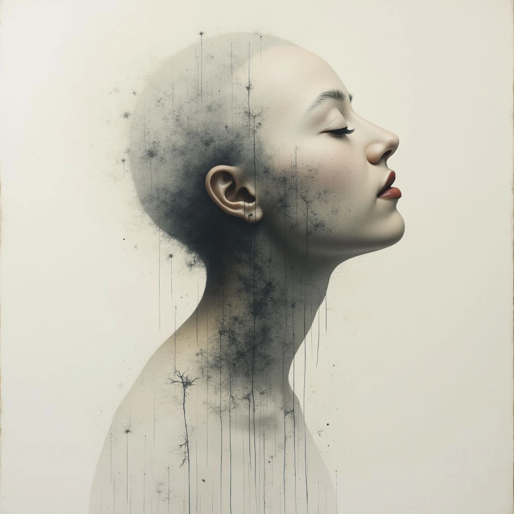 A woman’s face and neck are depicted in profile, her eyes closed as if lost in thought. Her form is partially dissolving into a cascade of dark, vertical lines that seem to be flowing downwards like rain or smoke. The overall effect is ethereal and suggests themes of memory, fragility, or transformation.