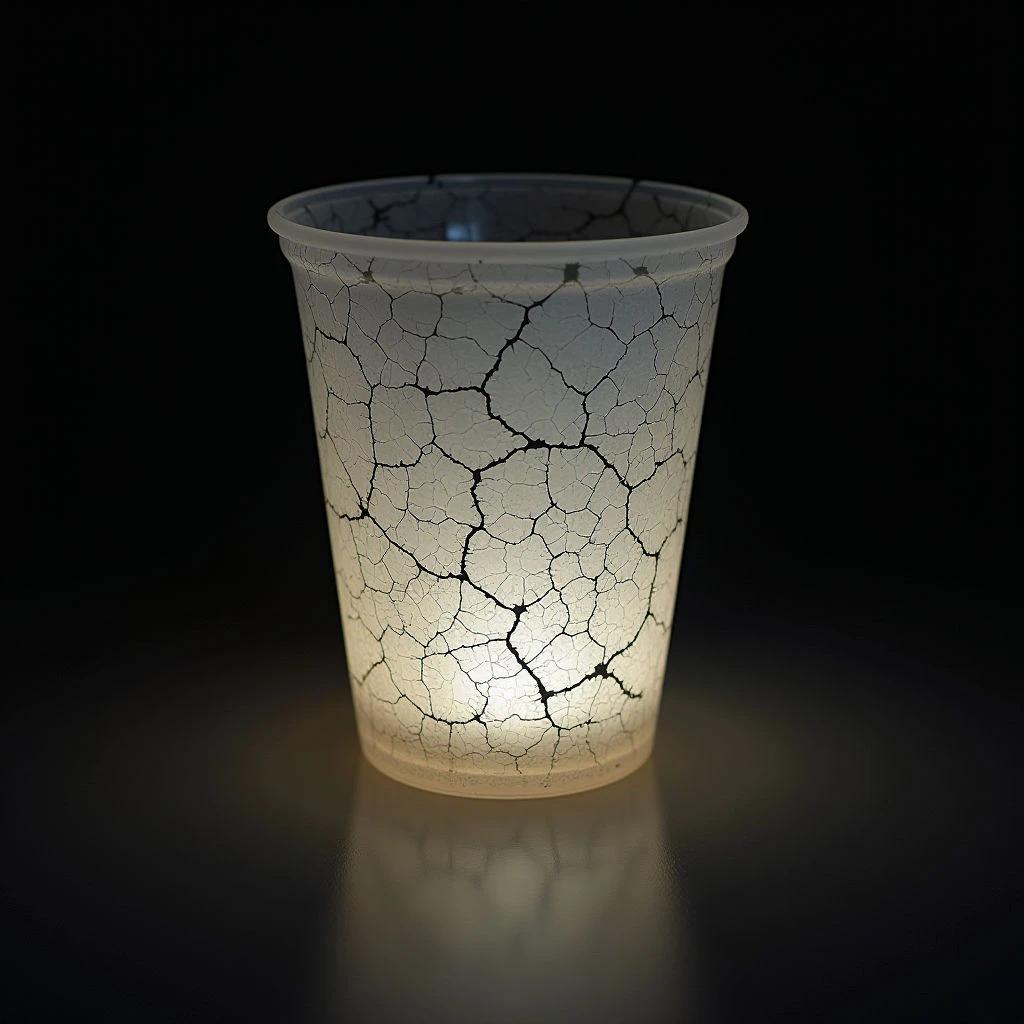 A cracked, translucent plastic cup glows from within against a dark background. The cracks spiderweb across the surface, revealing a bright light source inside. A soft reflection of the glow is visible on the surface below.