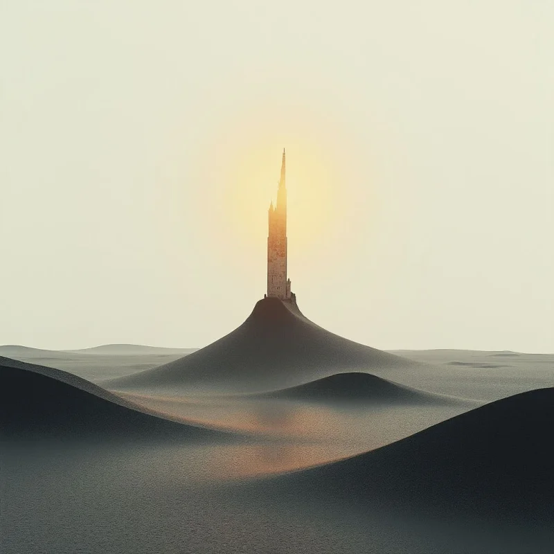 A tall, slender spire rises from a central dark mound amidst rolling, monochromatic dunes under a pale, hazy sky. Warm, golden light emanates from behind the tower, casting soft highlights across the curved ridges of the landscape. The composition relies on smooth, flowing shapes and deep shadows that emphasize the vastness of the desert terrain.
