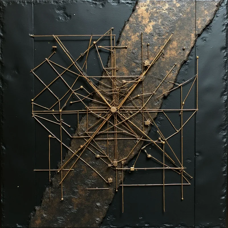 The image features a dark, primarily black background with a large diagonal swath of textured brown material running across it. A complex network of thin gold lines and small spherical nodes is layered over both the black and brown areas, creating an abstract geometric pattern. The composition has a strong sense of depth due to the raised texture of the materials and the varying lengths of the linear elements extending into space.