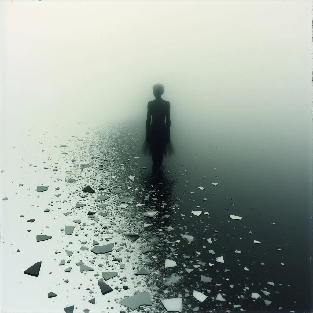 A dark, silhouetted figure stands alone in a dense fog. The ground beneath and around the figure is covered in countless shards of broken glass, seemingly radiating outwards from their form. A stark divide appears between clear space and the foggy area containing both the figure and the debris.