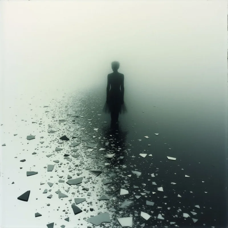 A dark, silhouetted figure stands alone in a dense fog. The ground beneath and around the figure is covered in countless shards of broken glass, seemingly radiating outwards from their form. A stark divide appears between clear space and the foggy area containing both the figure and the debris.