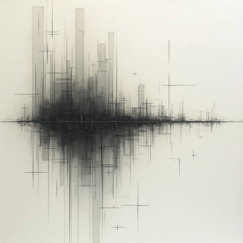 A dense cluster of tall, thin structures rises from a dark, horizontal line, appearing like a city skyline. The entire composition is mirrored perfectly below the line, creating an abstract reflection on what looks like still water. Sparse crosshairs and lines are scattered throughout the image, adding to its minimalist and architectural feel.