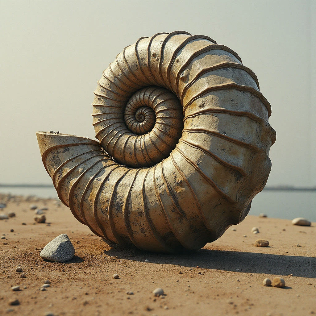 The image features a large, segmented spiral shell resting on a sandy beach. Tones are primarily warm browns and tans, with subtle variations suggesting weathering and texture across the shell’s surface and the grainy sand. Soft, diffused light casts gentle shadows, indicating an overcast or indirect lighting source and creating a sense of depth between the shell, surrounding pebbles, and distant water.