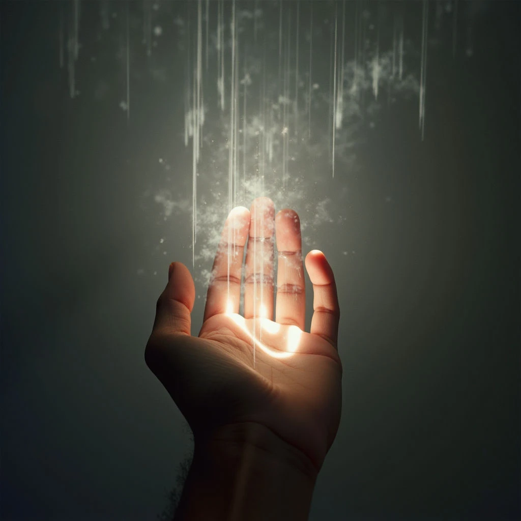 A hand is held open, palm up, glowing with a warm light from within. Above the palm, shimmering particles of light fall like rain or dust, seemingly drawn to the energy emanating from it. The background is dark and muted, focusing attention on the radiant hand and its ethereal descent.