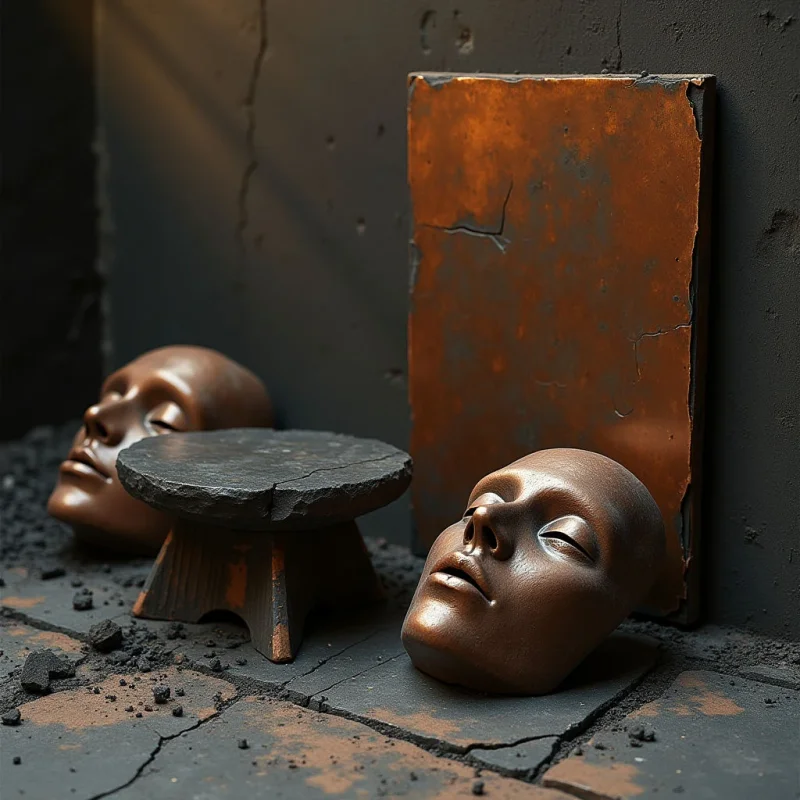 A dark, textured environment features smooth, bronze-toned human faces resting on a cracked, grey floor near a small stone pedestal. A large, rectangular slab of rusted orange material leans against a dark wall, creating a stark color contrast against the muted shadows. Light descends from the upper left, casting soft highlights on the metallic surfaces and deep shadows across the uneven ground.