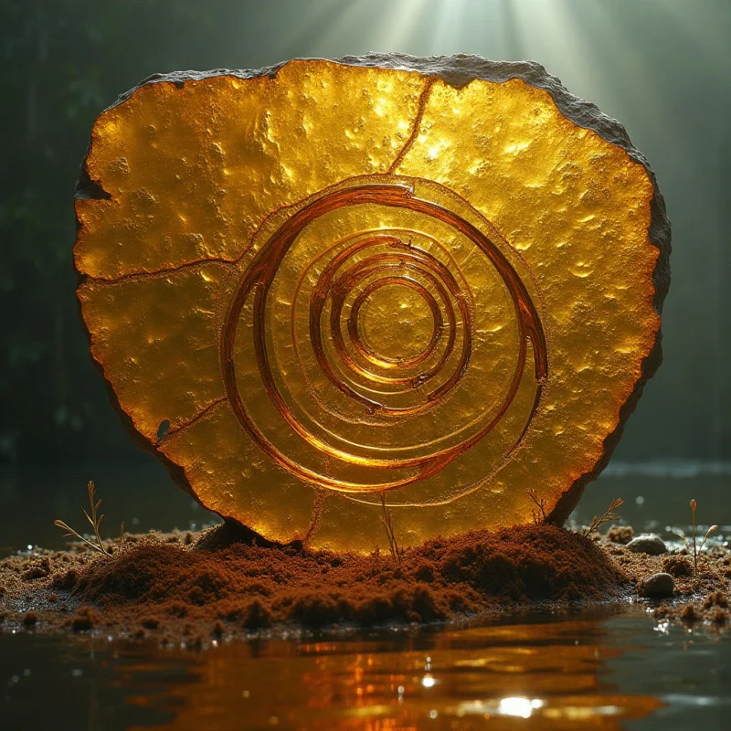 A large, translucent amber disc with a rough, irregular edge sits atop a mound of dark, granular soil beside a body of water. The disc features concentric circular patterns and internal fractures that catch bright, directional light from above. Warm golden tones dominate the central object, contrasting with the deep browns of the earth and the soft reflections on the dark water's surface.