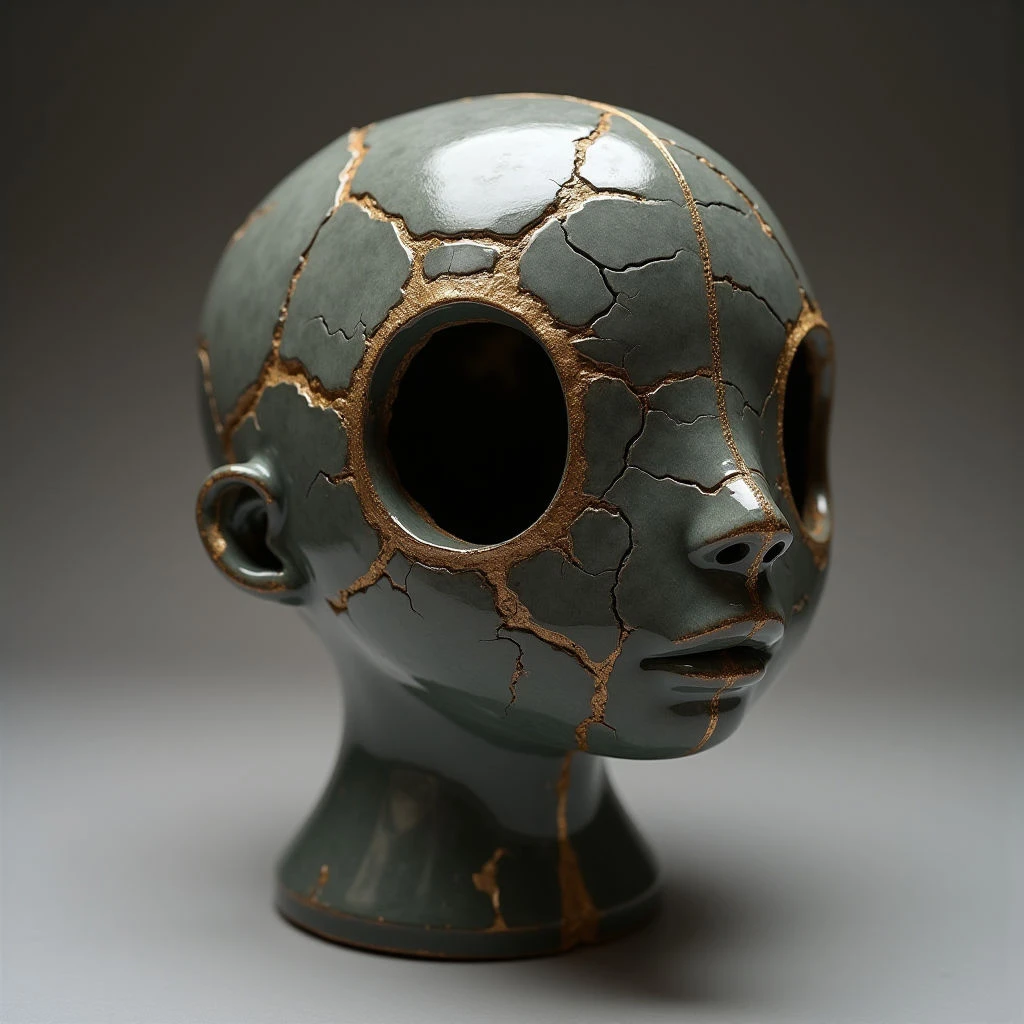 The object is a smooth, rounded head form in shades of muted teal with visible cracks filled by metallic gold lines across its surface. Deep, dark hollows define the eye sockets and mouth, contrasting with the relatively intact nose and ears; textures range from polished sheen to rougher fracture edges. The head sits directly on a short cylindrical neck of the same color, illuminated by soft light that creates subtle gradients and casts a gentle shadow onto the neutral gray background.