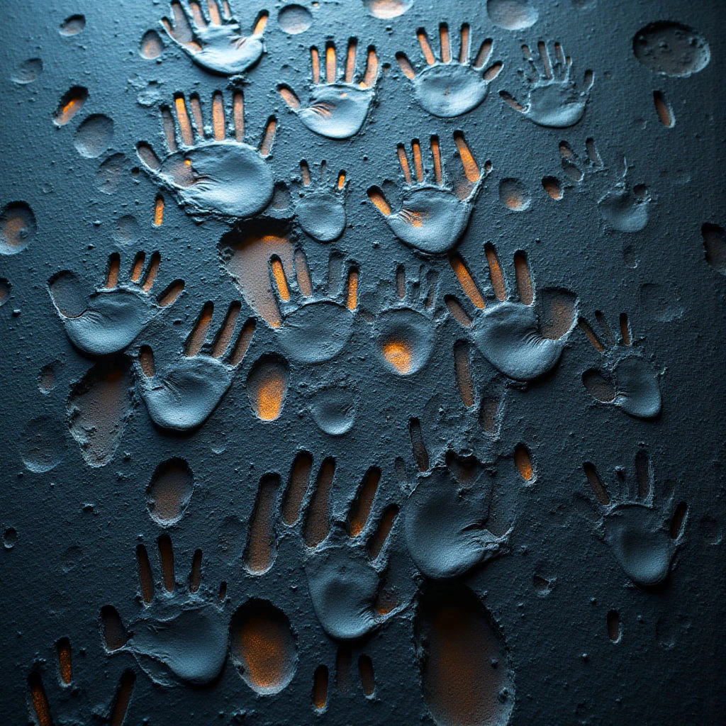 The image features a dark, textured surface densely covered with impressions of open hands. Warm orange light emanates from the cavities beneath each handprint, contrasting with the cool blue tones of the surrounding material. The spatial arrangement appears relatively flat and uniform, with overlapping hand shapes creating a repeating pattern across the field.