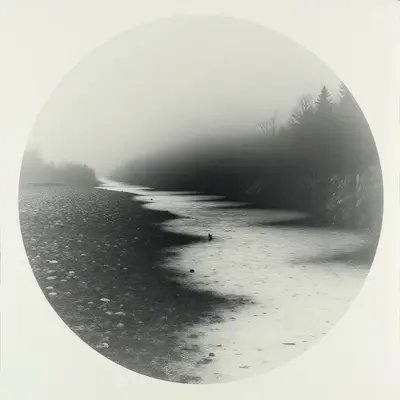 A winding river flows through a landscape shrouded in thick fog, nearly obscuring the trees lining its banks. The foreground is covered with small stones and pebbles along the water's edge, leading the eye into the misty distance. A solitary object floats on the water’s surface near the center of the frame.