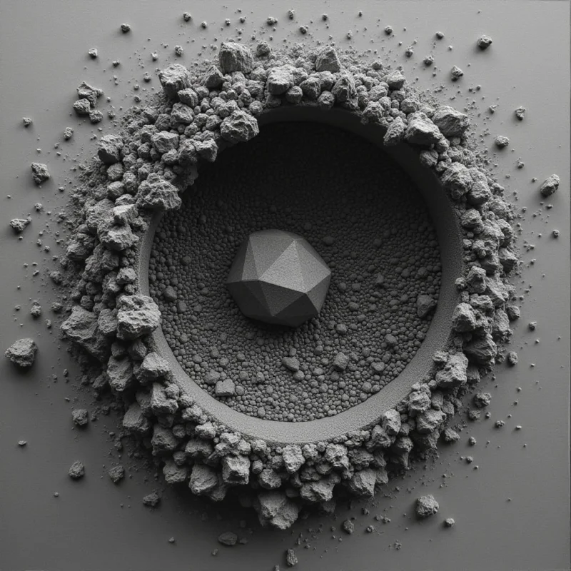A central, multifaceted geometric polyhedron sits within a circular depression filled with fine, granular pebbles. A ring of larger, irregular rocks surrounds the crater, creating a textured boundary against a smooth, monochromatic gray surface. Soft, diffused light casts subtle shadows that define the depth of the pit and the sharp edges of the central shape.