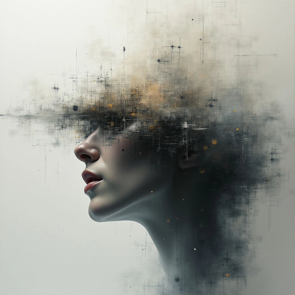 A woman’s face is shown in profile, her form gradually dissolving into a cloud of dark smoke and abstract lines. Golden flecks are scattered throughout the dissipating shape where her hair would be, contrasting with the grays and blacks of the surrounding texture. The overall effect evokes a sense of fragmentation and fading consciousness.