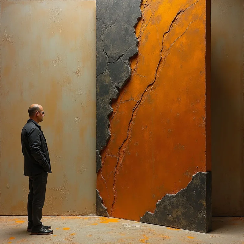 The scene is dominated by two large, rectangular wall sections—one a muted tan and the other a vibrant orange—both exhibiting heavily textured surfaces resembling distressed concrete. A dark gray, jagged fissure runs vertically through the orange section, revealing hints of the tan beneath, while scattered orange powder lies on the floor. A figure in a dark suit stands in profile to the left of the composition, appearing small relative to the scale of the walls and positioned near the seam between the two sections.