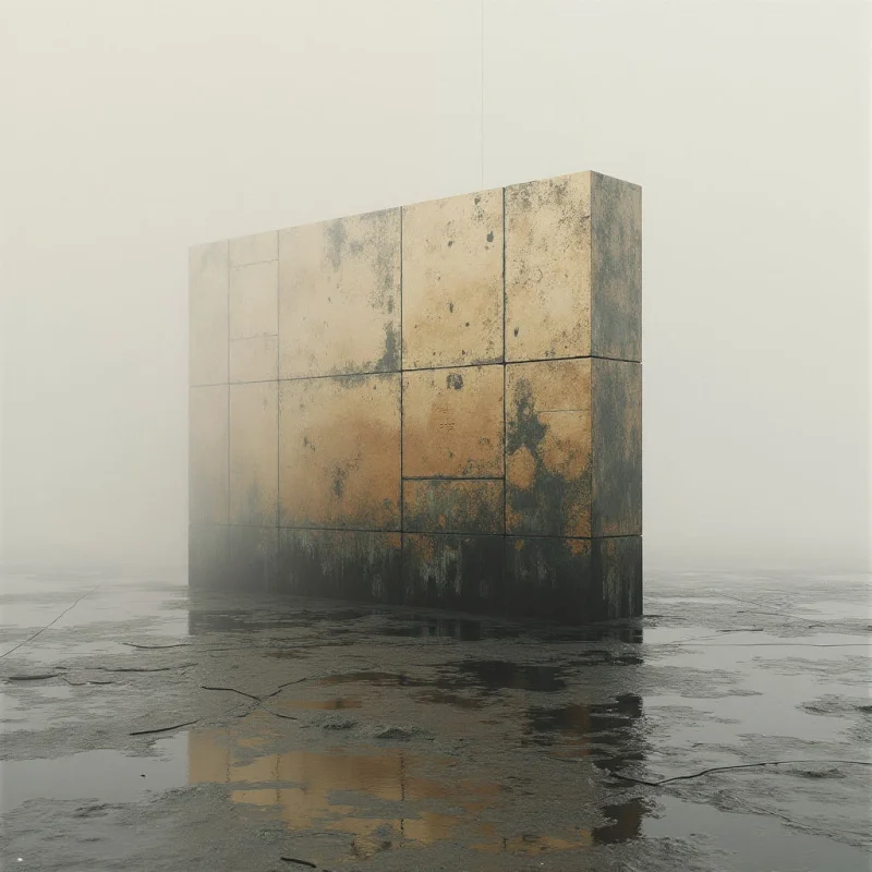 A large, rectangular monolithic structure with a weathered, tan-colored texture stands centered in a vast, misty expanse. The object is composed of several large blocky segments and sits upon a dark, cracked surface featuring reflective puddles. Soft, diffused light permeates the scene, creating subtle shadows and faint reflections against a monochromatic, foggy background.