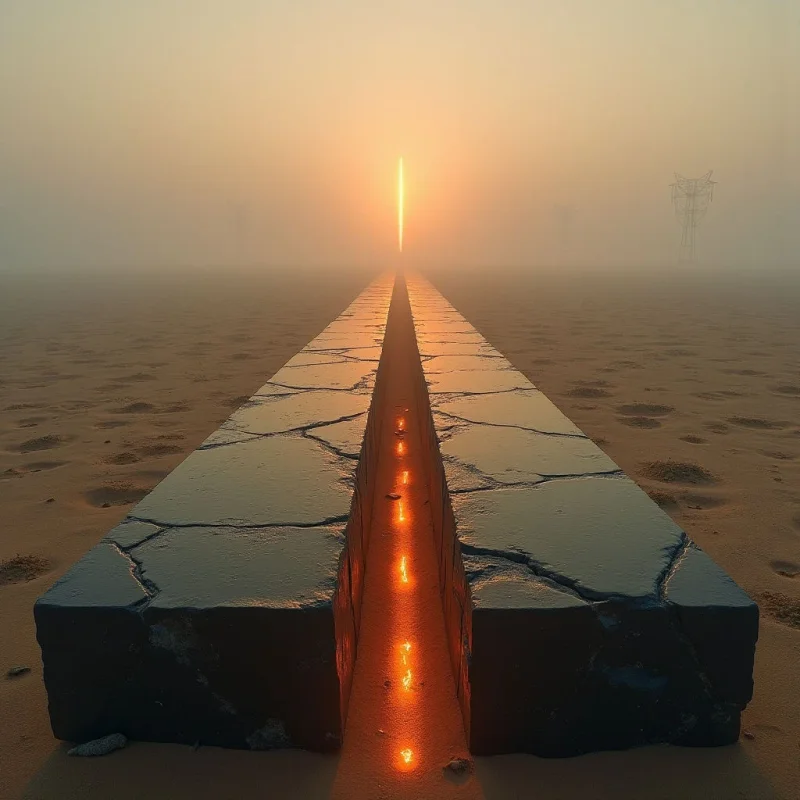 A long, dark stone path with a cracked, textured surface stretches toward a glowing orange horizon through a hazy, sandy landscape. A bright line of orange light flows through the central fissure of the pathway, leading the eye to a vertical pillar of light in the distance. The composition is defined by strong linear perspective and a muted palette of tan, grey, and vibrant amber.