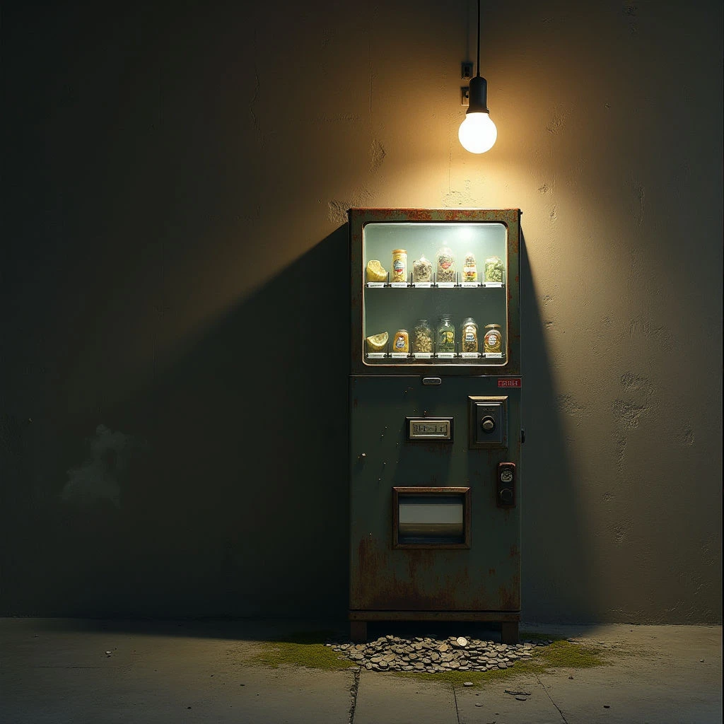 The image features a muted color palette dominated by shades of gray and pale green, with warm highlights from illuminated jars within the vending machine and an overhead bulb. The textures appear rough on the wall and aged metal of the machine itself, contrasting with the smooth glass of the display cases and polished stones at its base. A strong light source casts long shadows, emphasizing the vertical form of the vending machine against a flat wall, while creating a sense of depth within the confined space.
