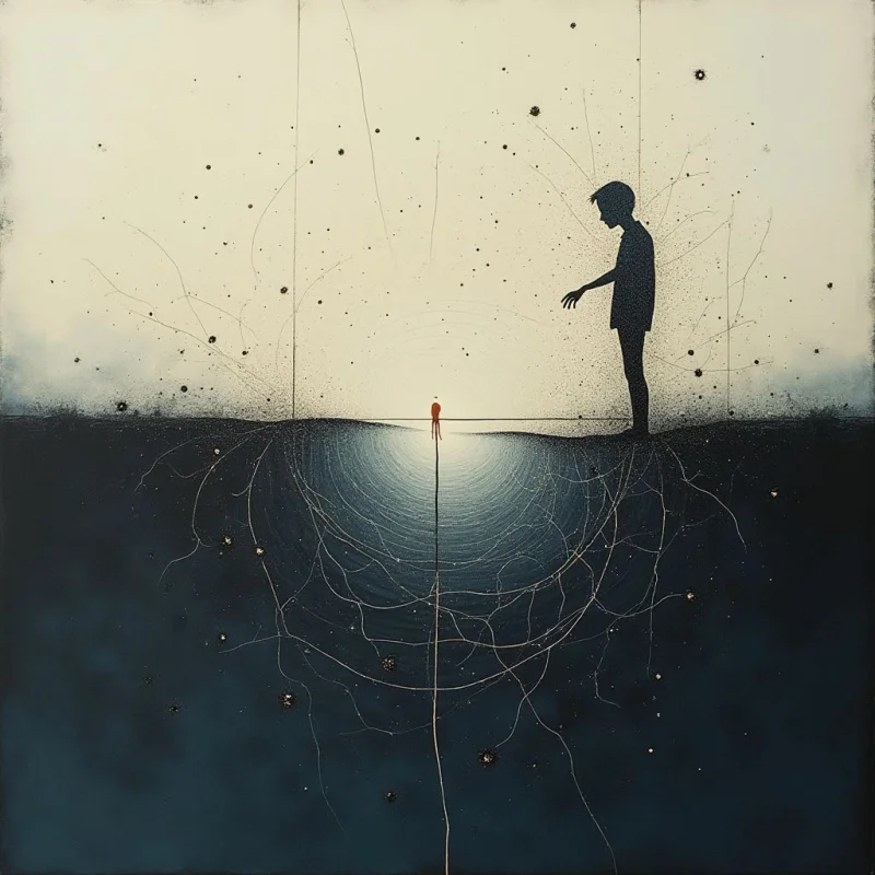 A stark contrast exists between a pale, cream-colored upper expanse and a deep, dark blue lower field. Fine, spindly lines and scattered dark speckles create a web-like texture that connects a small central figure to a larger silhouette on the right. A bright, concentrated glow emanates from the center, casting light upward and illuminating thin, curved filaments against the dark void.