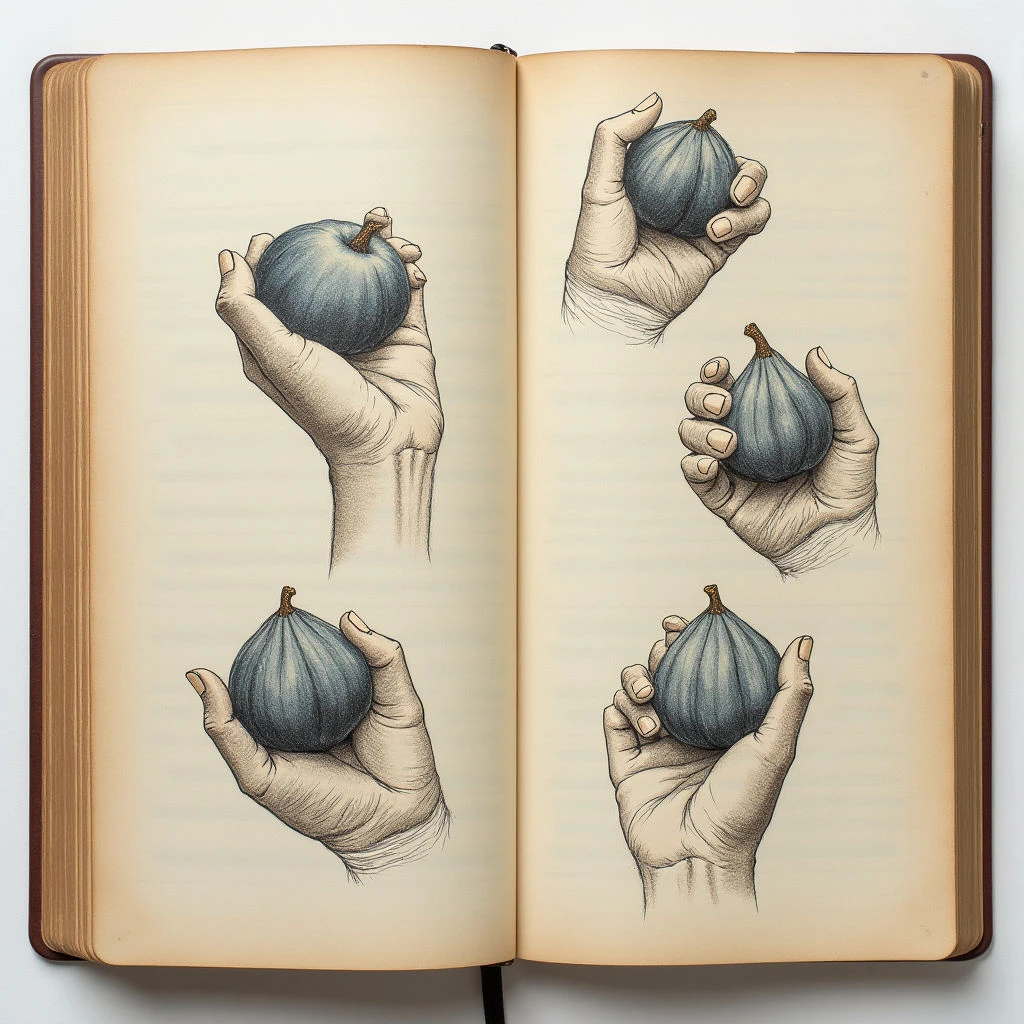 The image depicts an open book with detailed illustrations of hands holding figs on aged, off-white pages. The drawings are primarily rendered in shades of gray and brown, creating a textured appearance that suggests pencil or ink work. Four symmetrical compositions show the same subject – a hand gently cradling a fig – arranged across both opened pages, with consistent lighting emphasizing form through shading.