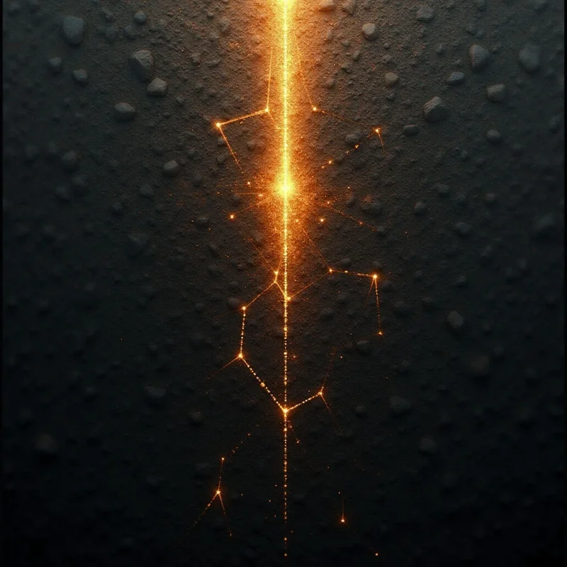 A vertical beam of glowing orange light pierces through a dark, textured background composed of small, irregular stone-like shapes. Thin, luminous lines branch out from the central column in geometric patterns, connecting bright points of light across the composition. The contrast between the radiant gold hues and the deep charcoal surface creates a sense of depth within the space.
