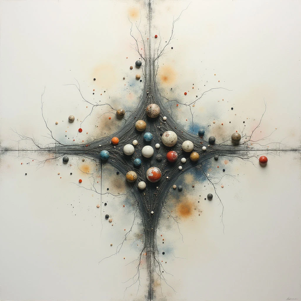 A cluster of textured spheres, varying in size and color, bursts from a dark, central point on a white background. Thin, branching lines extend outwards like roots or veins, speckled with tiny dots of color that fade into the surrounding space. The overall impression is one of growth, expansion, and cosmic energy radiating from within.