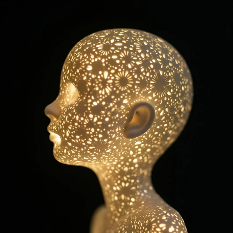 The image features a profile view of a head and neck form with an intricate, openwork pattern covering its surface. Warm yellow light emanates from within the structure, creating bright spots against the darker recesses of the cut-out shapes, and contrasts sharply with the black background. The overall texture appears delicate and complex due to the numerous small perforations, while the smooth curves define a human-like form in a shallow spatial depth.