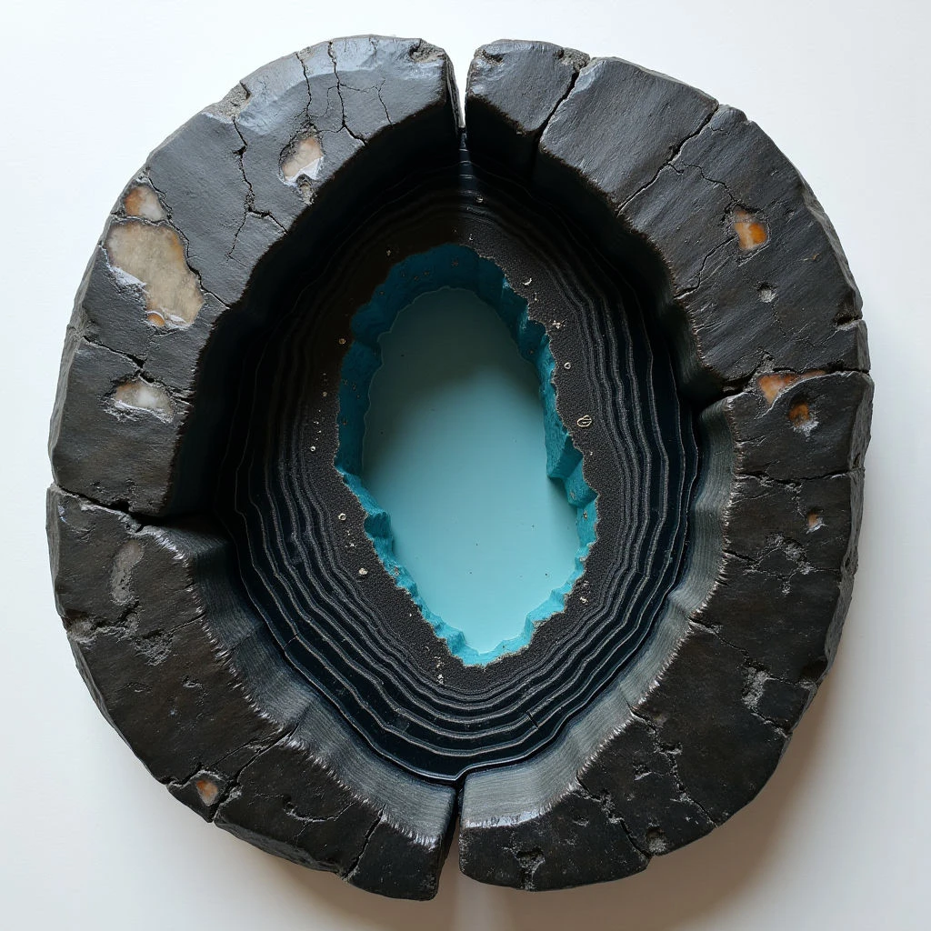 The object is a roughly circular form constructed of layered dark gray and black materials with irregular texture and interspersed lighter tan inclusions. Concentric rings define the interior space, culminating in a central oval void filled with a smooth, pale blue substance. Light appears diffuse, highlighting subtle variations in surface roughness and creating soft shadows within the layers; the object is positioned against a bright white background.